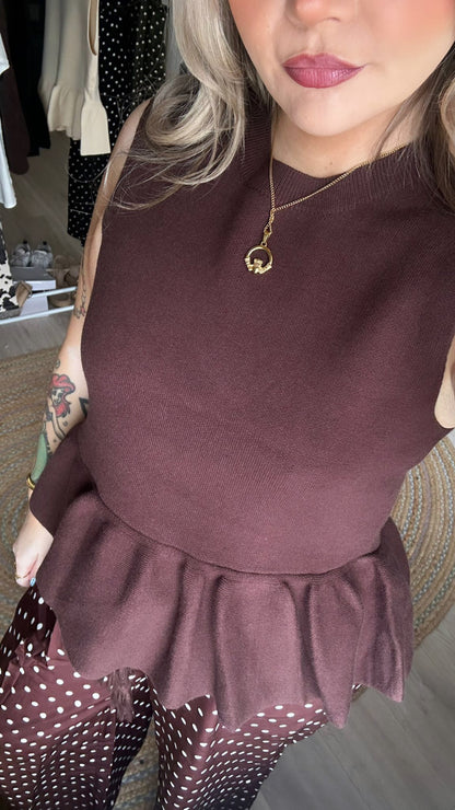 Soft Knit Peplum Top - Brown