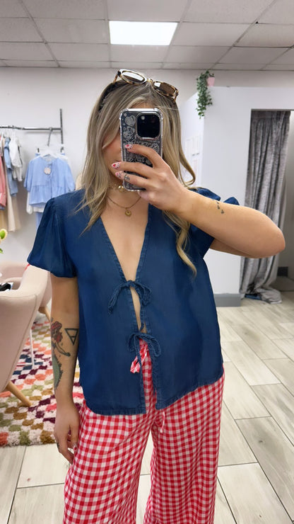 Denim Style Bow Tie Blouse