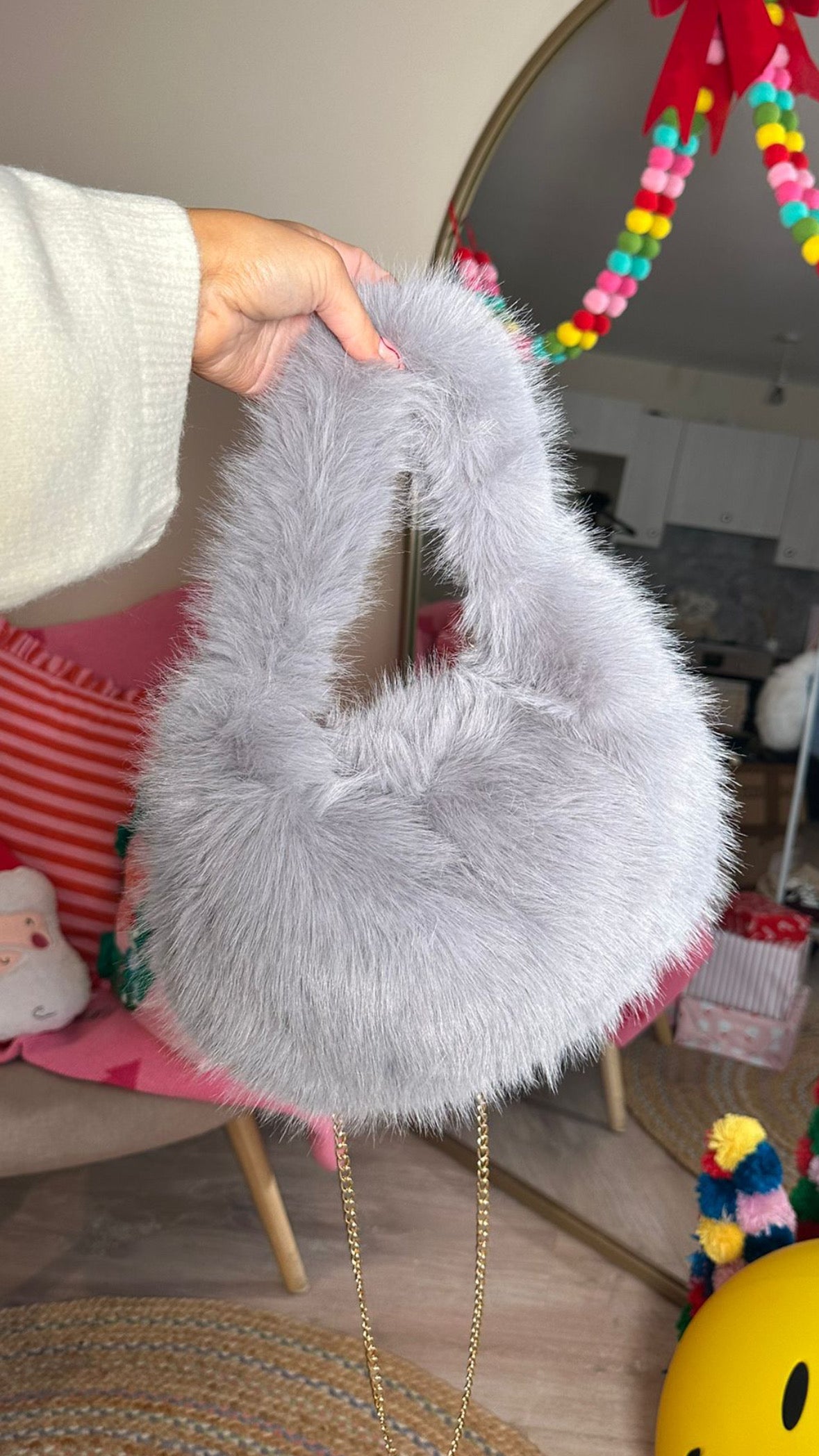 Faux Fur Bag with Detachable Strap - Grey