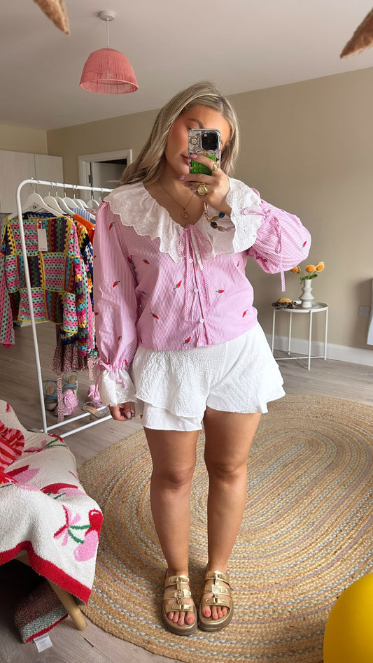Pink Chill Pepper Frill Sleeve Blouse