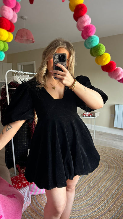 Black Velvet Puffball Mini Dress