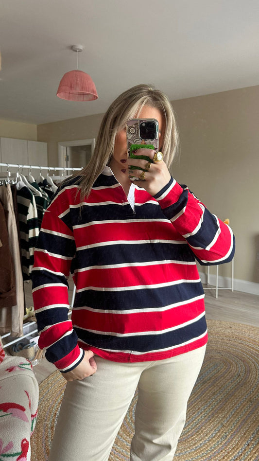 Red Stripe Rugby Long Sleeve Top w/ Shirt Collar