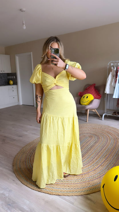 Yellow Linen Style Cut Out Midi Dress