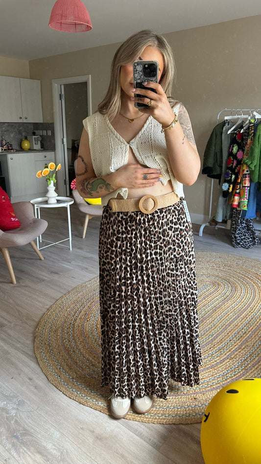 Leopard Print Pleated Skirt (Removable Belt)