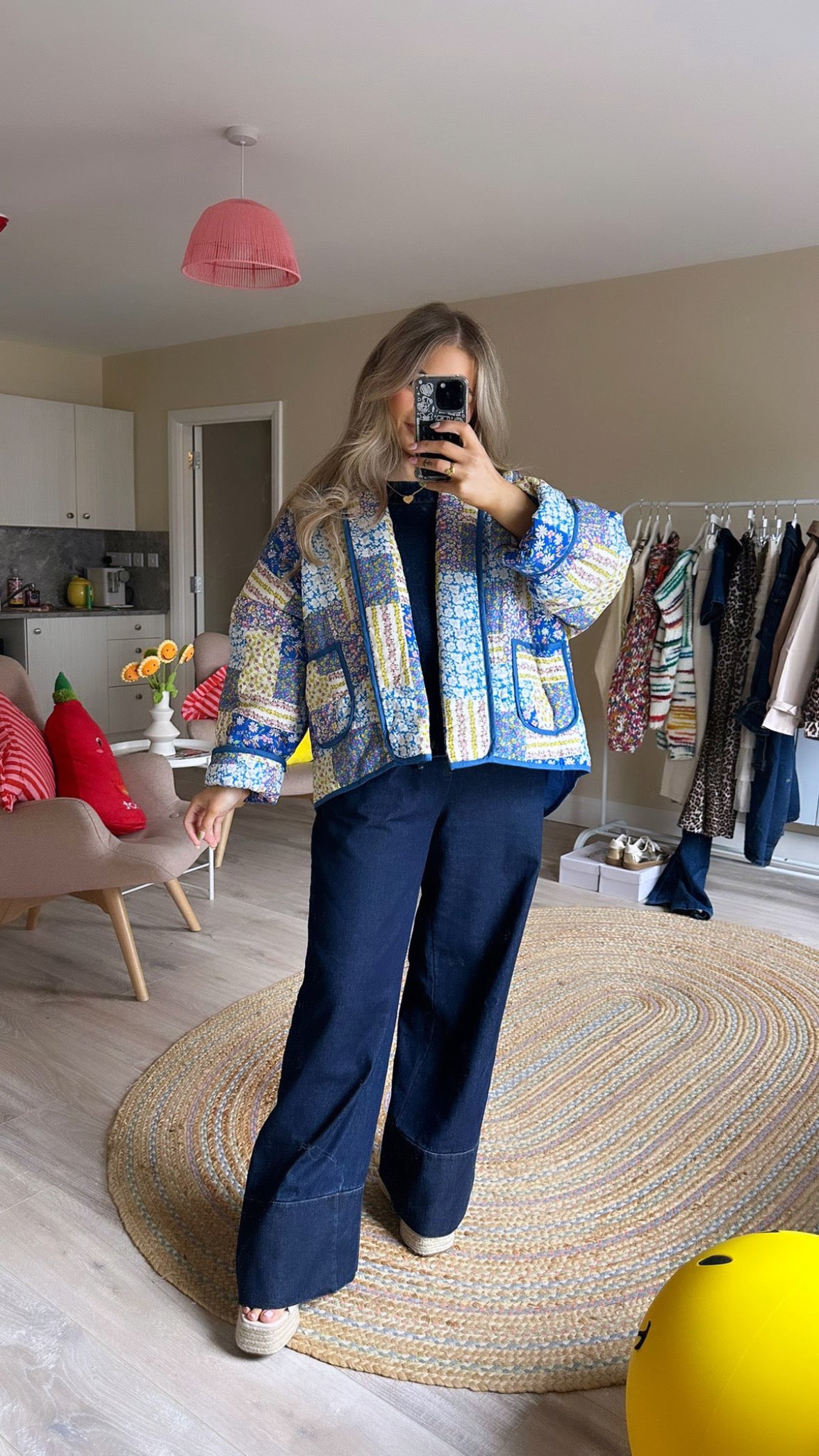 Blue Floral Quilted Oversized Jacket