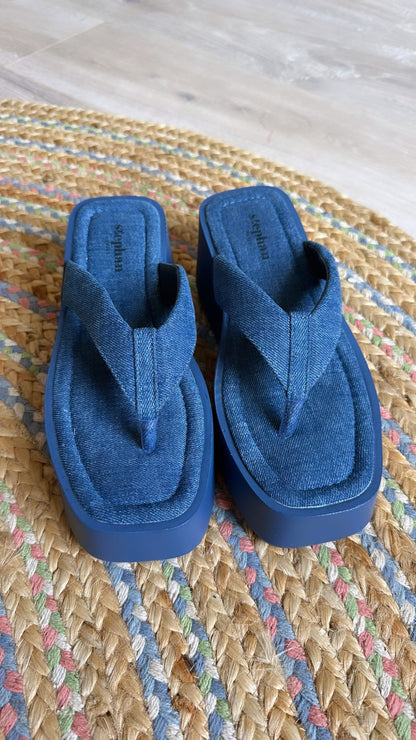 Denim Wedge Thong Sandals