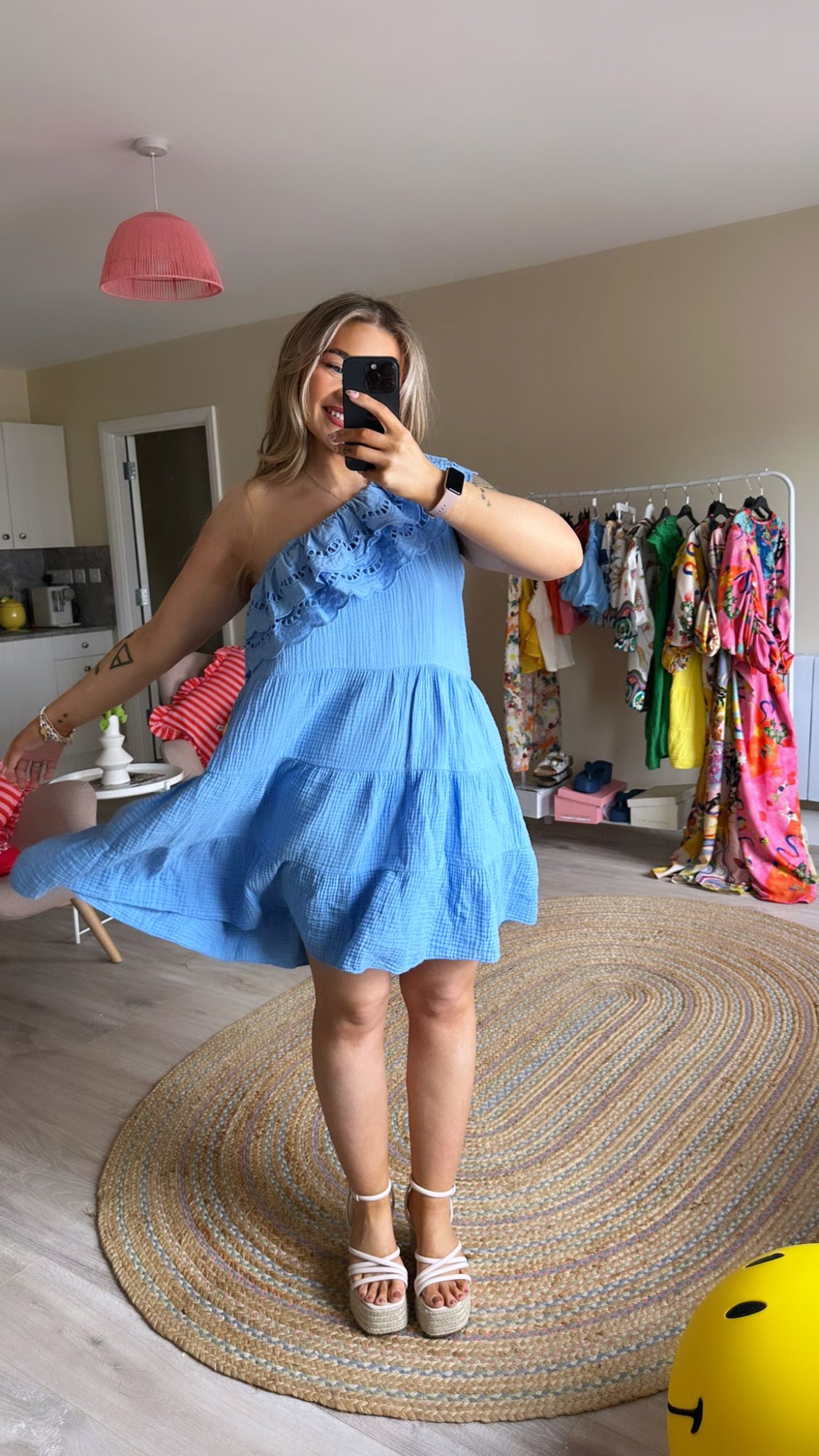 Blue Cheesecloth One Shoulder Mini Dress