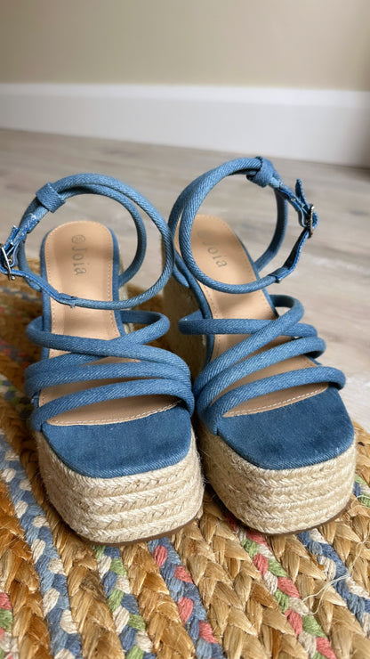 Denim Tie Strap Wedges