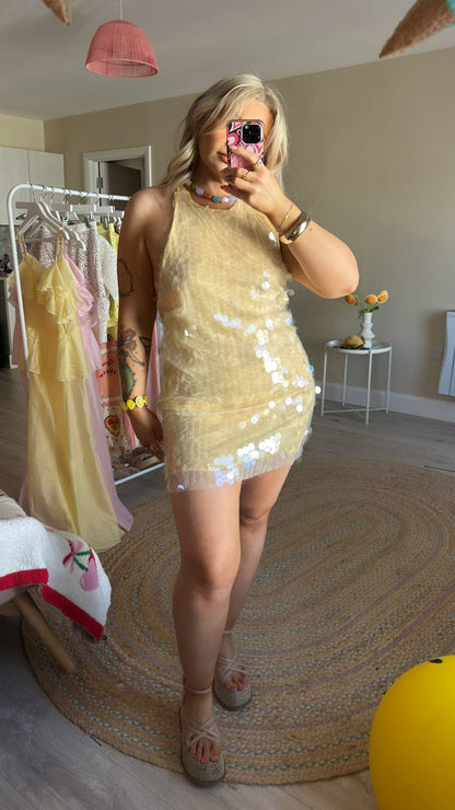 Yellow Sequin Halter Mini Dress