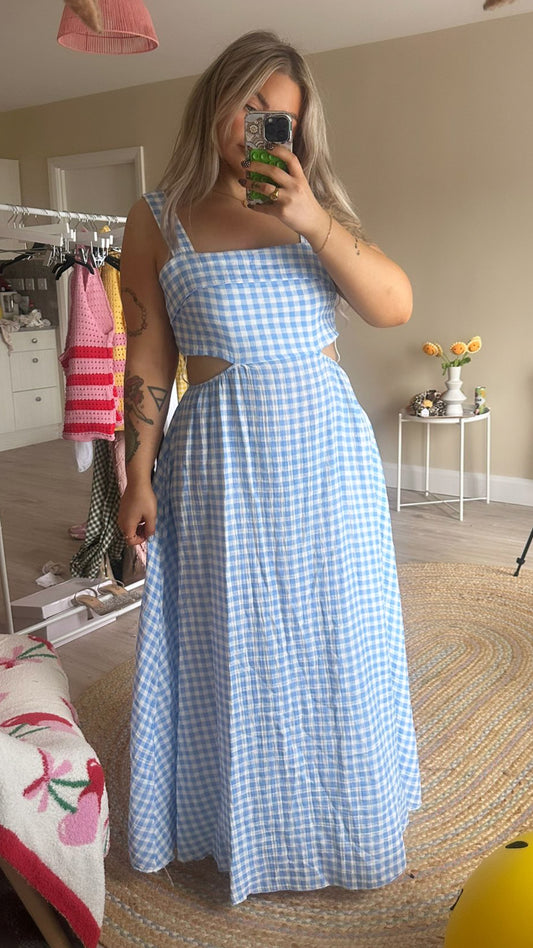Gingham Tie Back Midi Dress - Blue