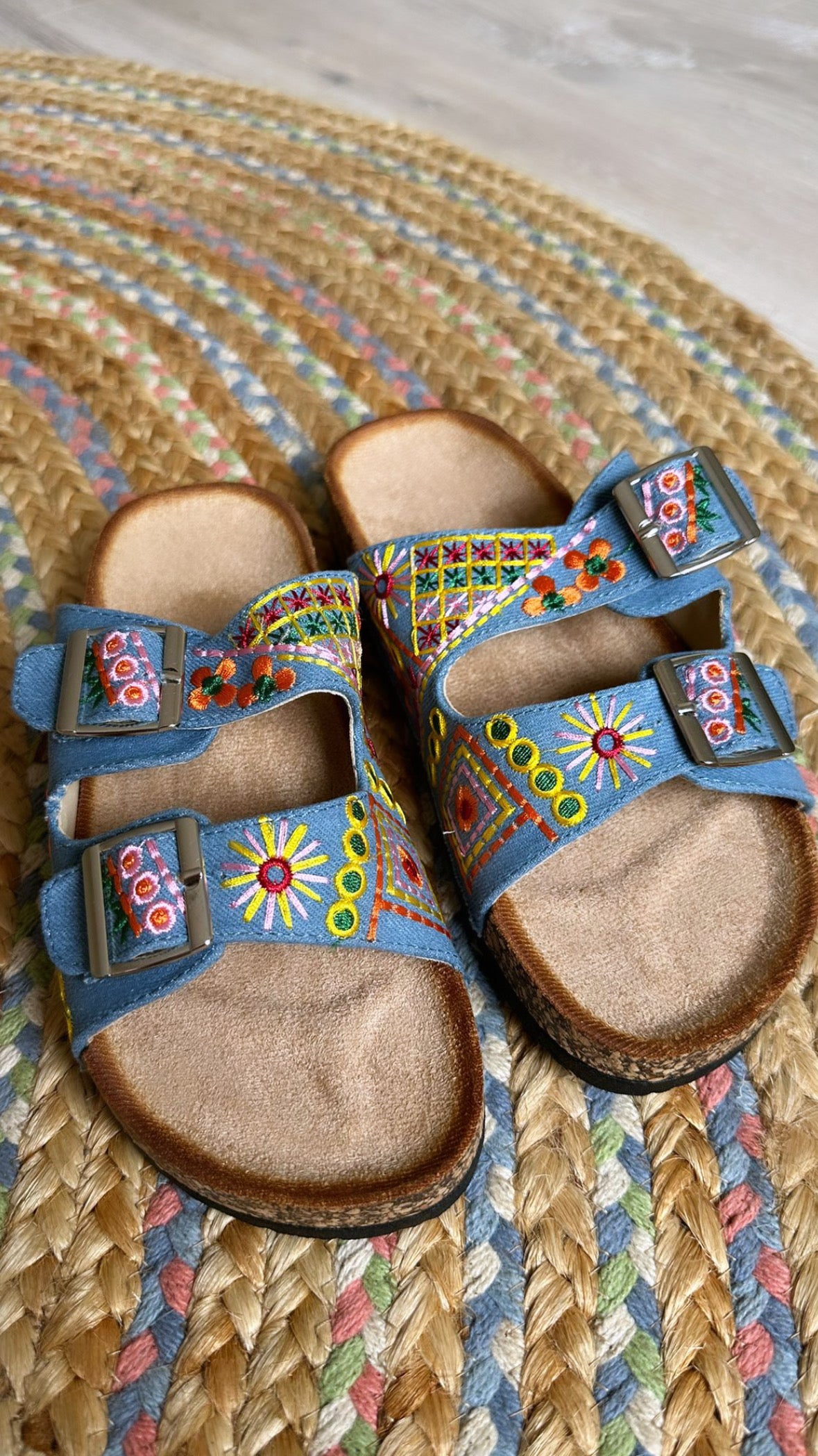 Denim Blue Floral Print Slip on Sandals