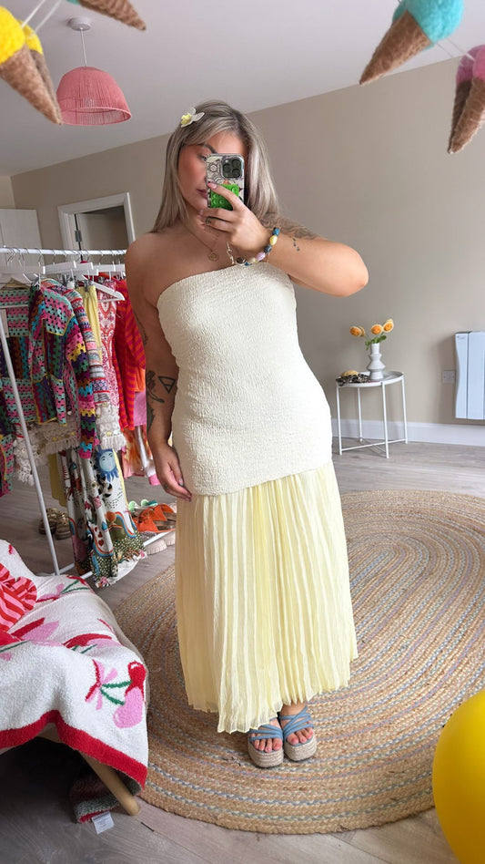 Chiffon Pleated Bandeau Maxi Dress - Yellow