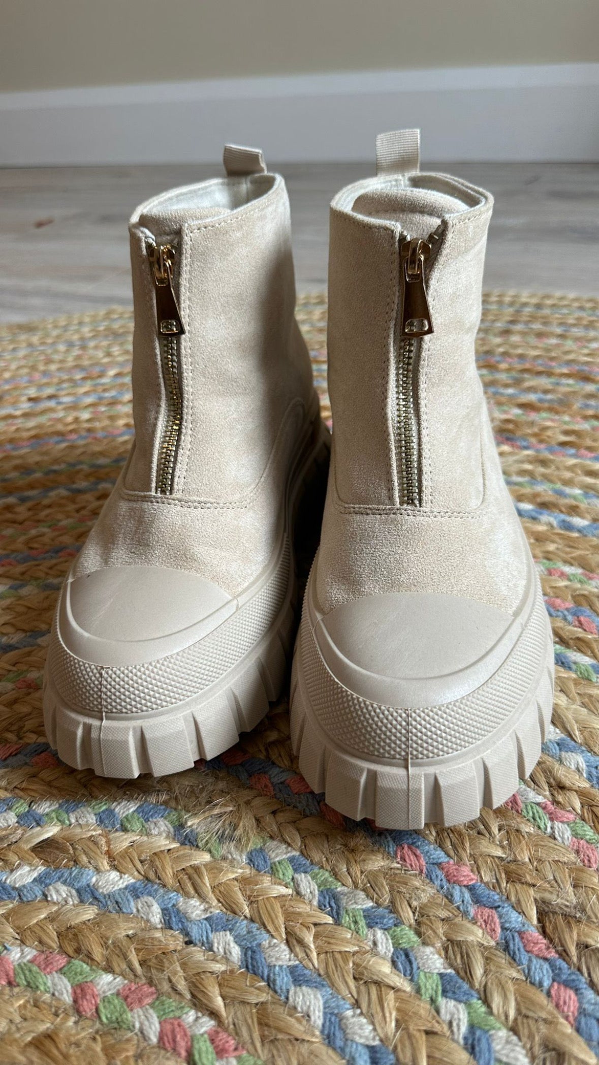 Suede Zip Front Boots In Beige