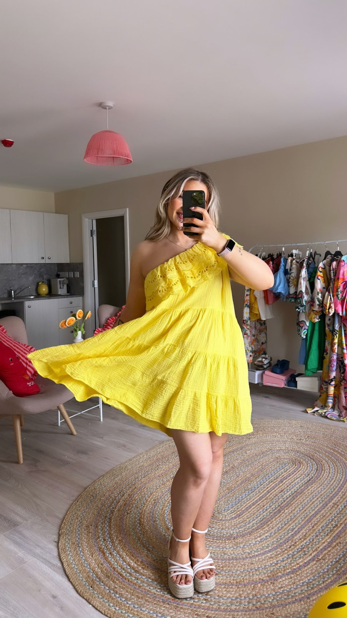 Yellow Cheesecloth One Shoulder Mini Dress