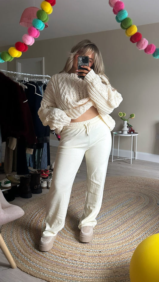 Wide Leg Ribbed Lounge Trousers - Cream