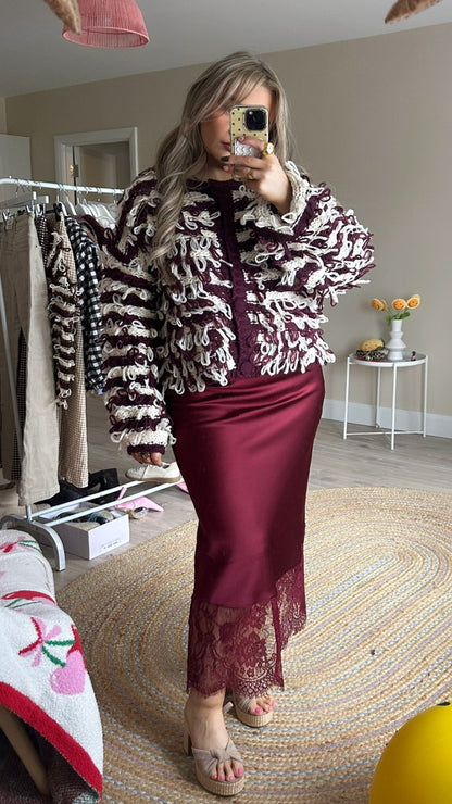 Contrast Loop Knit Cardigan - Burgundy