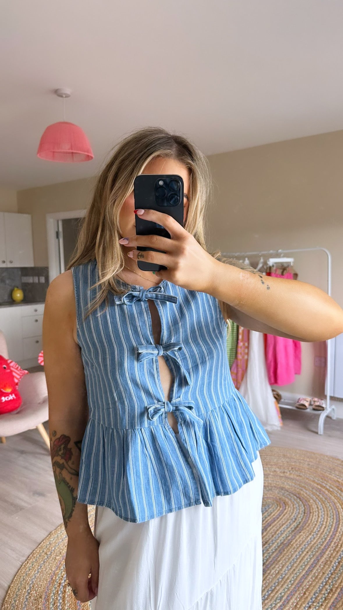 Denim Pinstripe Tie Top