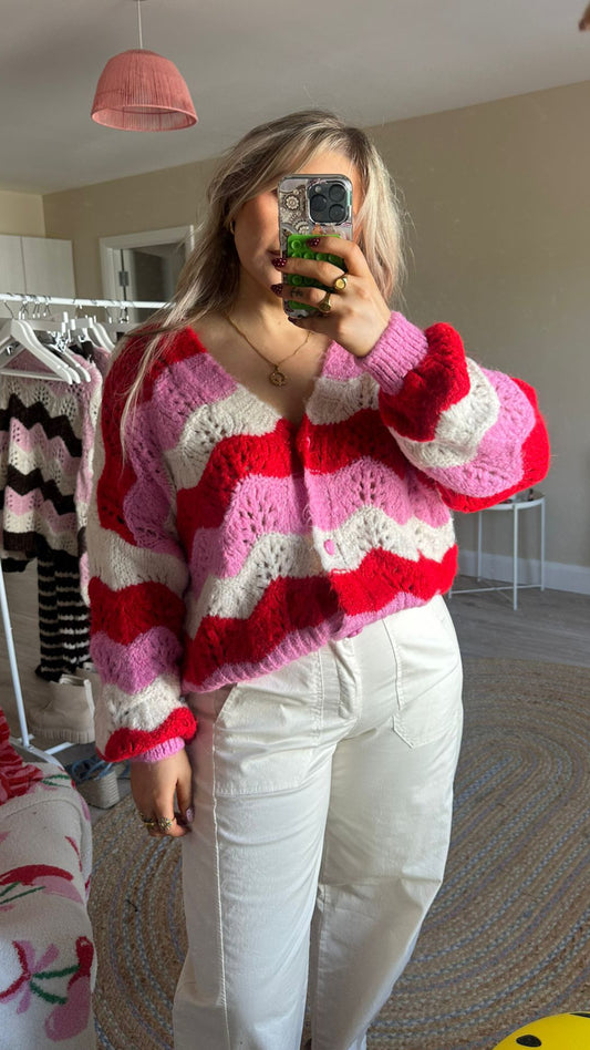 Chevron Knit Cardigan - Pink/Red