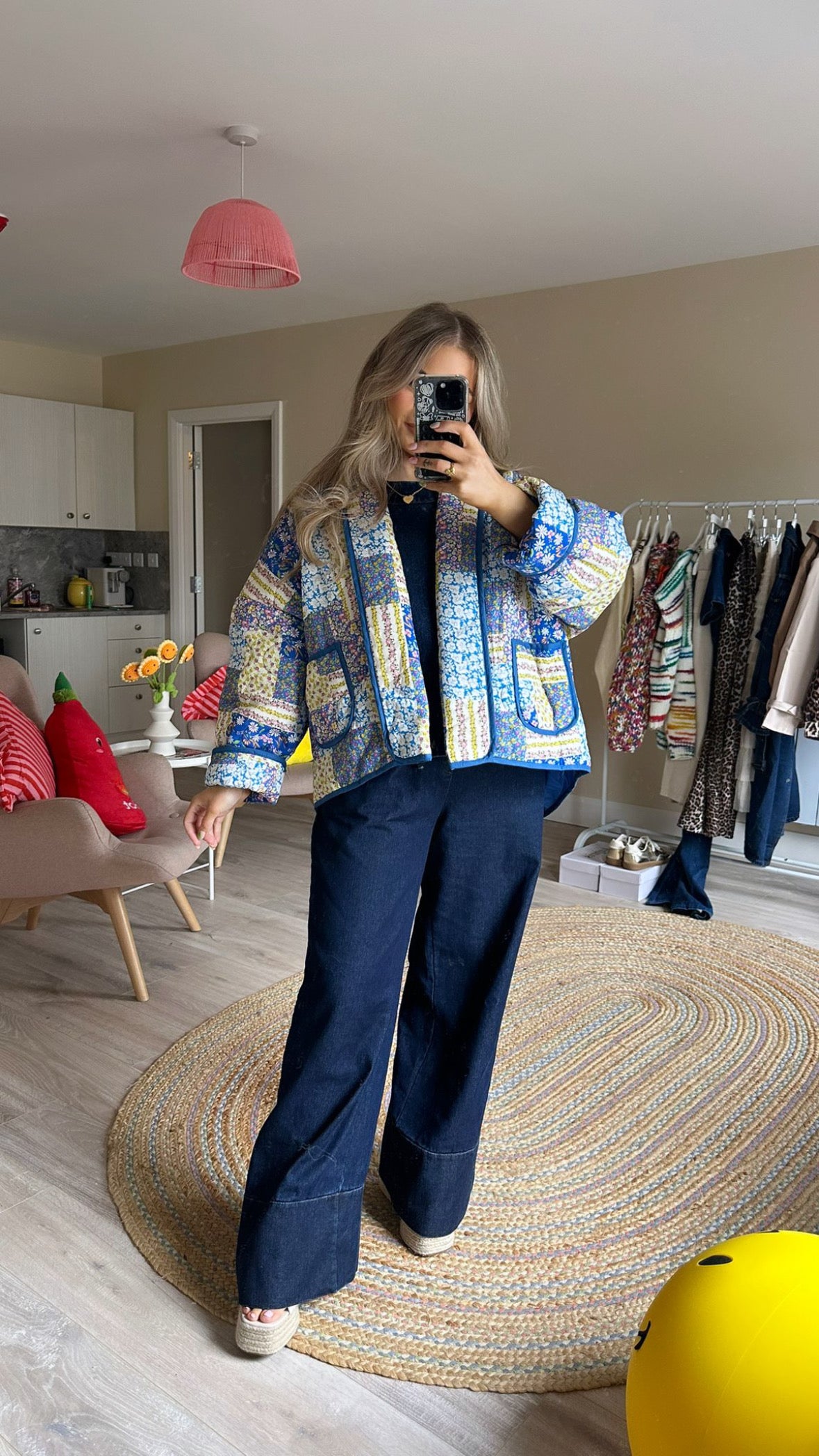 Blue Floral Quilted Oversized Jacket