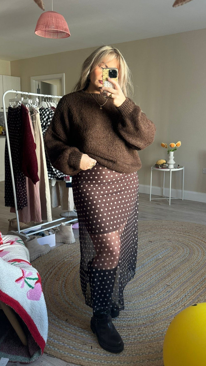 Polka Dot Midi Skirt - Brown