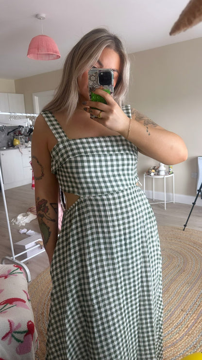 Gingham Tie Back Midi Dress - Khaki