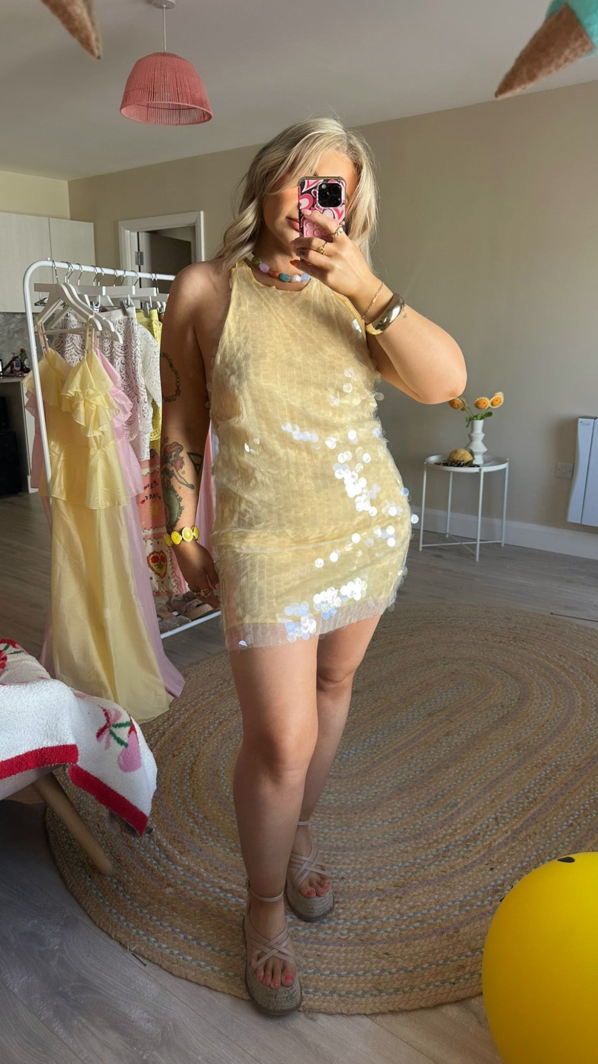 Yellow Sequin Halter Mini Dress