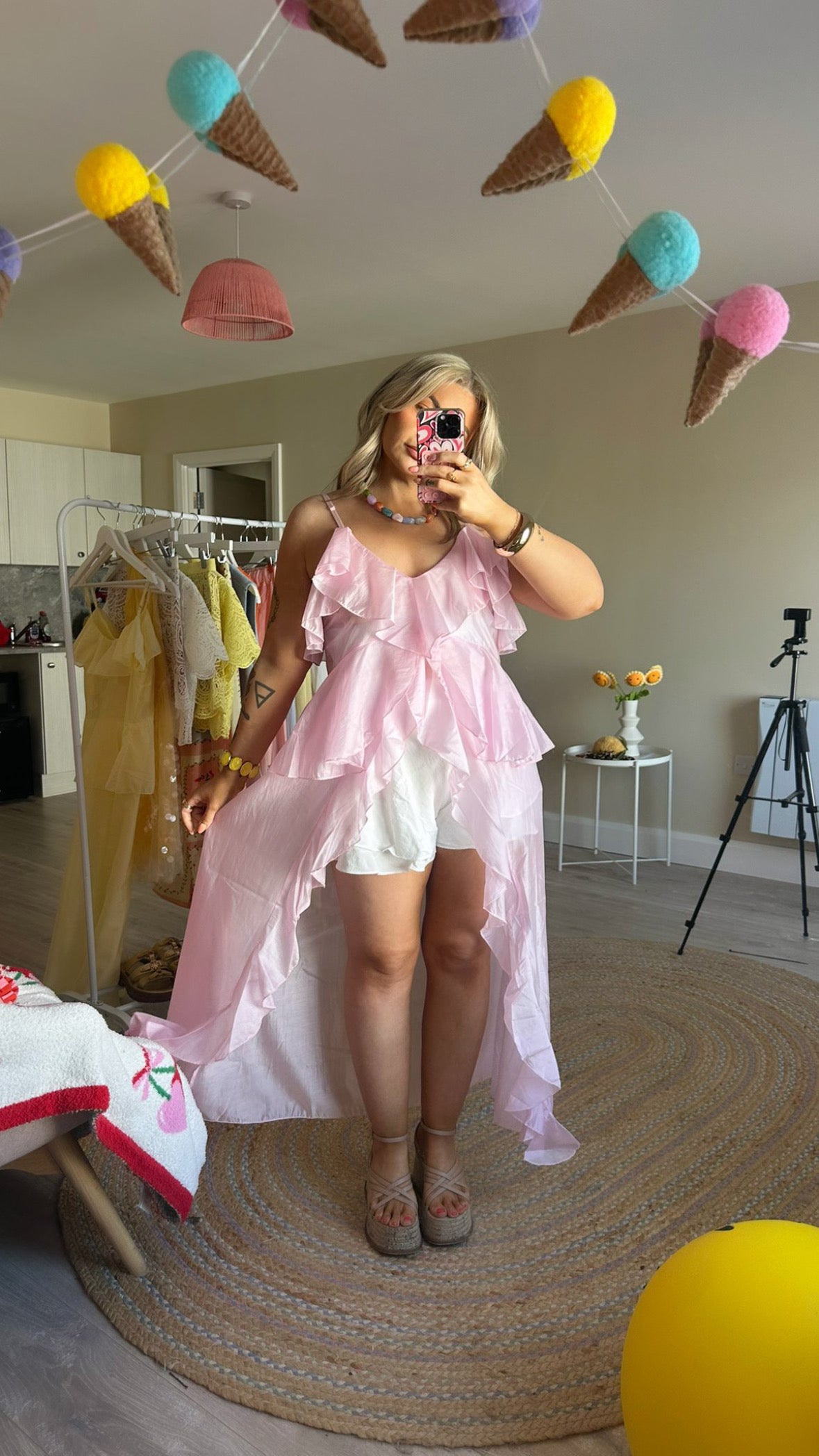 Longline Tiered Chiffon Top - Pink