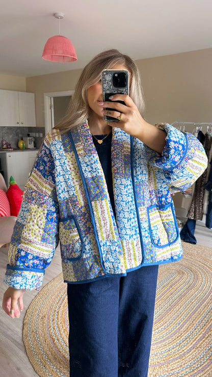 Blue Floral Quilted Oversized Jacket