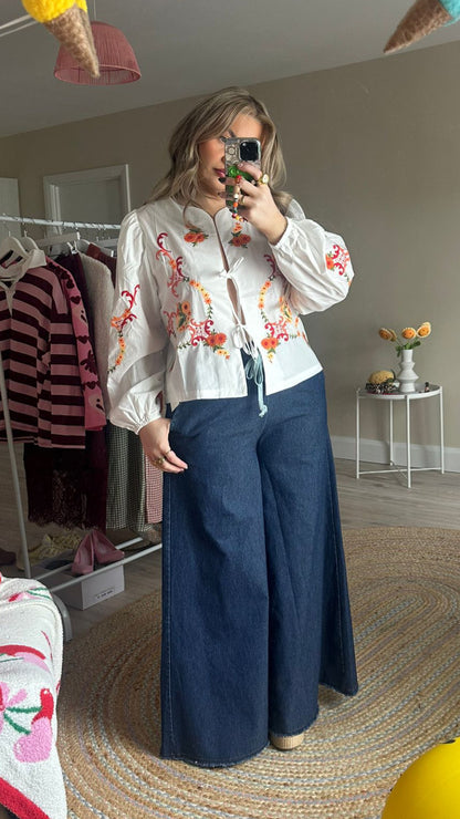 Wide Leg Pull on Jeans w/ Tie Waist
