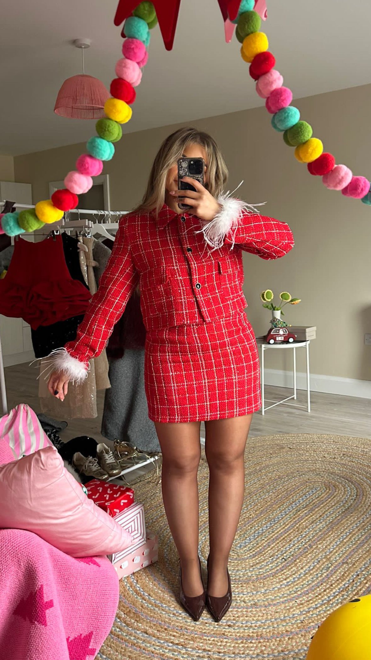 Red Tweed Co-Ord (Feather Cuffs Seperate)