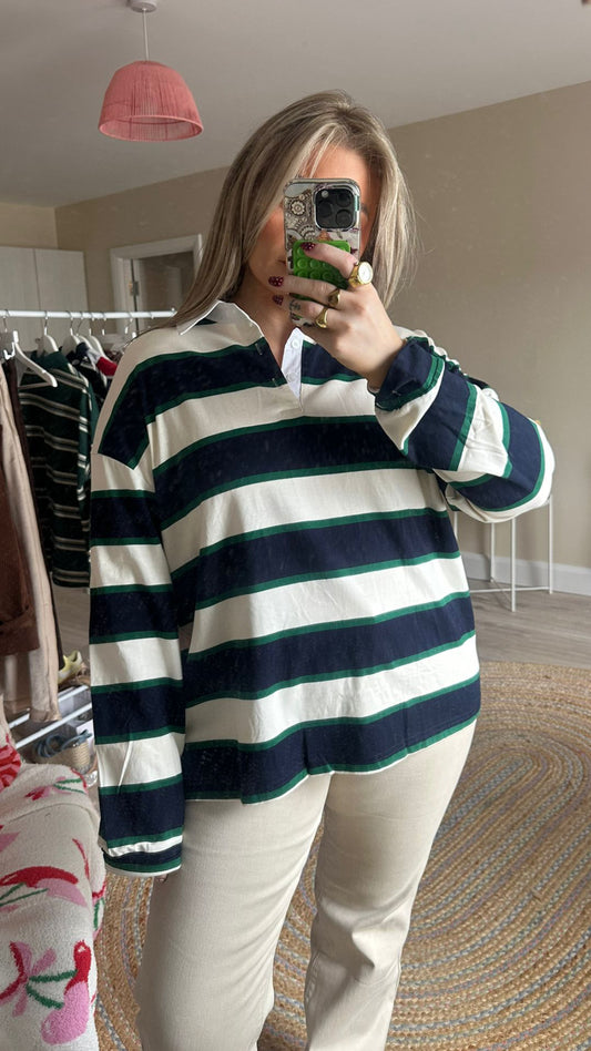 Navy Stripe Rugby Long Sleeve Top w/ Shirt Collar