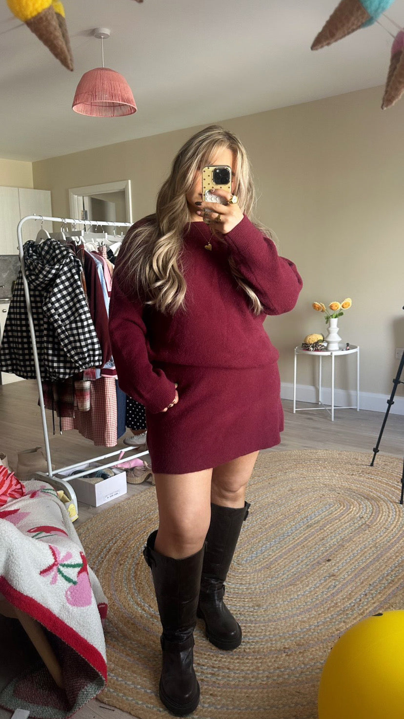 Knitted Jumper and Skirt - Co-Ord  - Burgundy