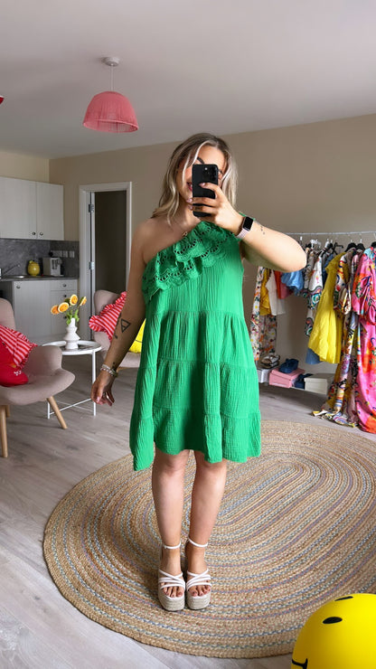 Green Cheesecloth One Shoulder Mini Dress