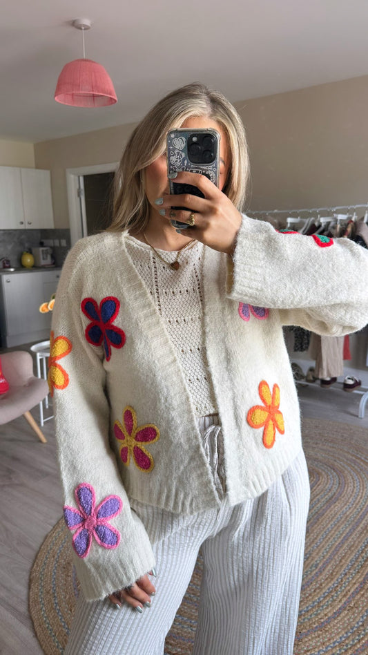 Cream Floral Embroidered Cardigan