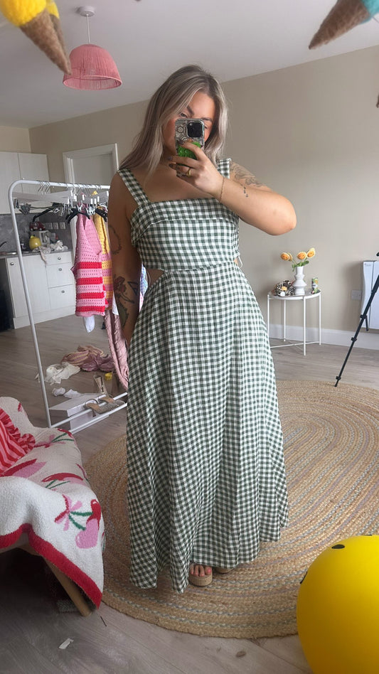 Gingham Tie Back Midi Dress - Khaki
