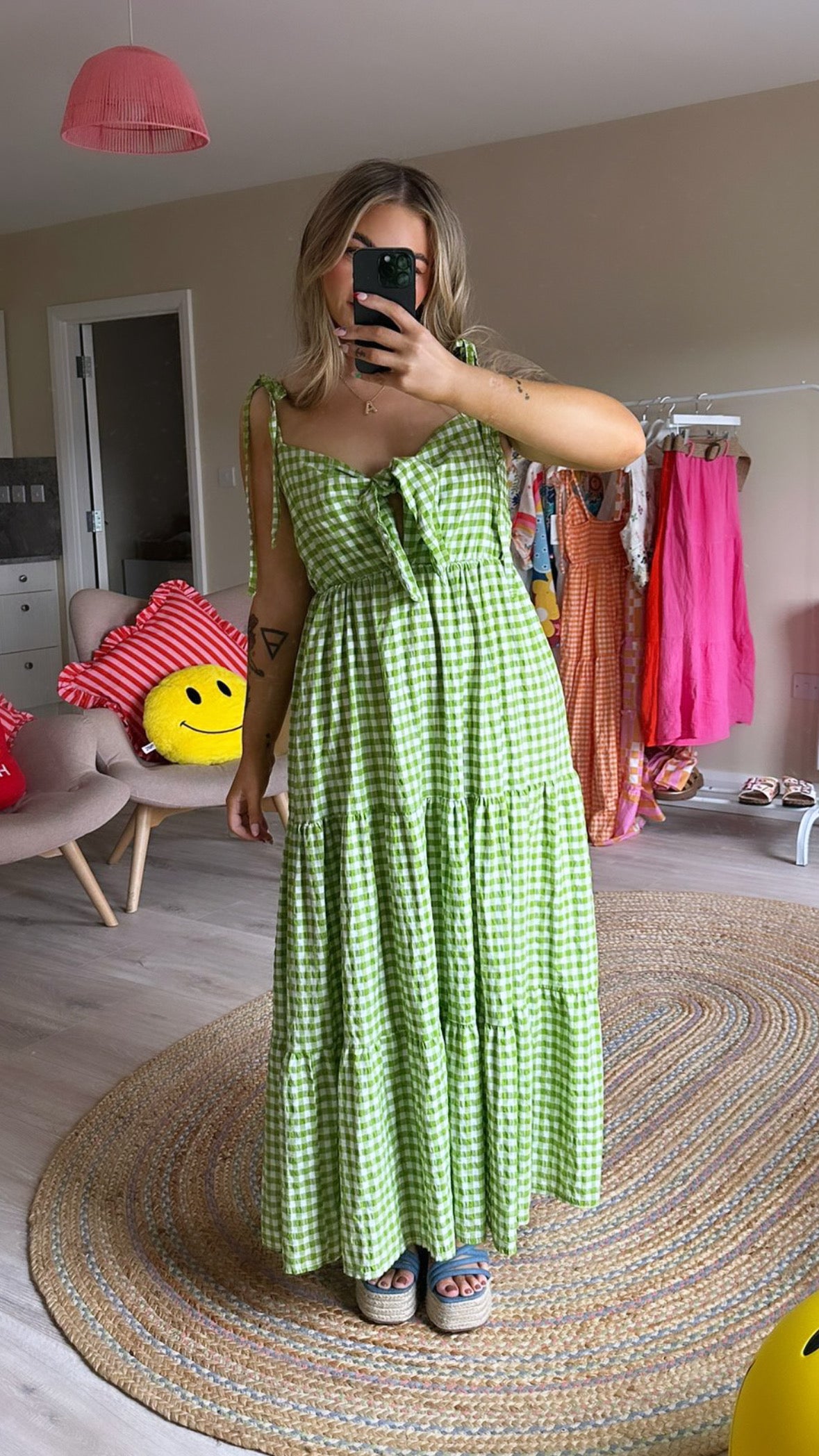 Green Gingham Tie Front Maxi Dress