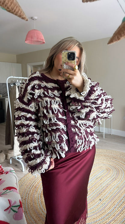 Contrast Loop Knit Cardigan - Burgundy