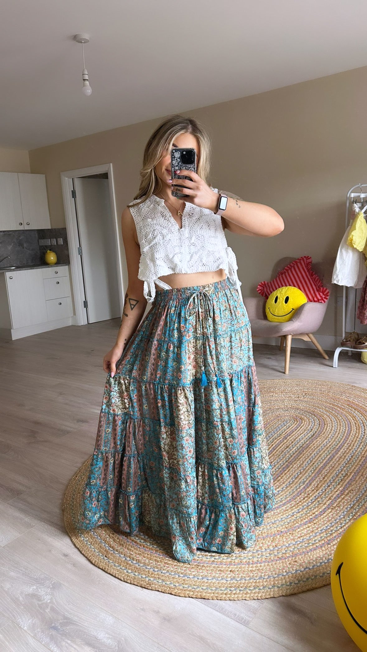 Blue Floral Print Maxi Skirt