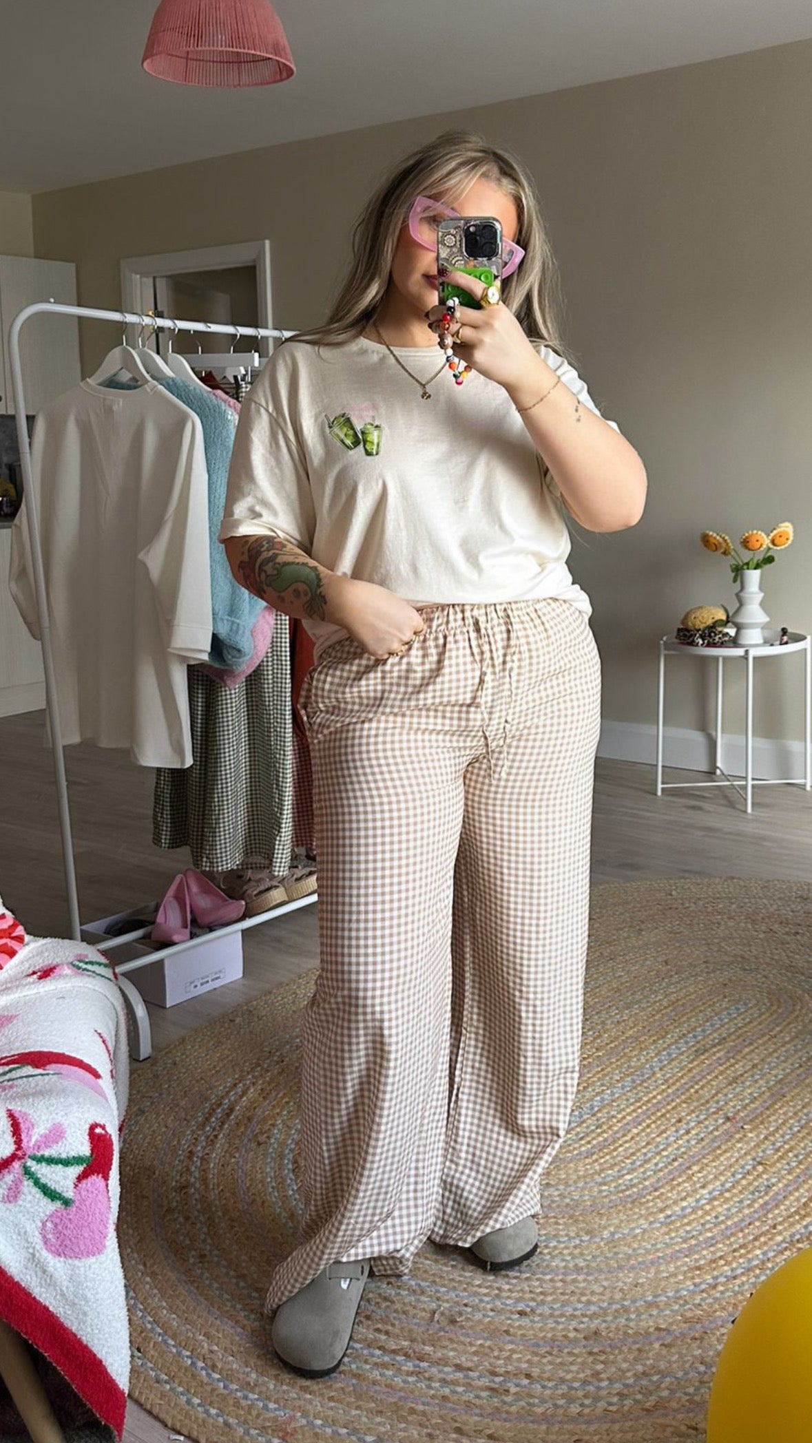 Gingham Pull On Trousers - Beige