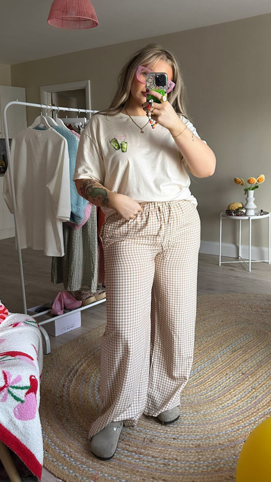 Gingham Pull On Trousers - Beige