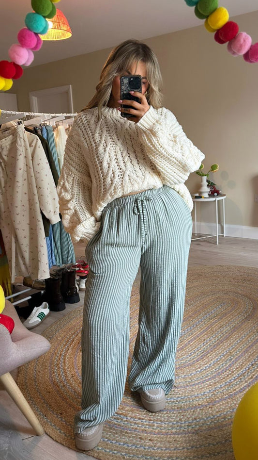 Stripe Elasticated Waist Trousers In Khaki