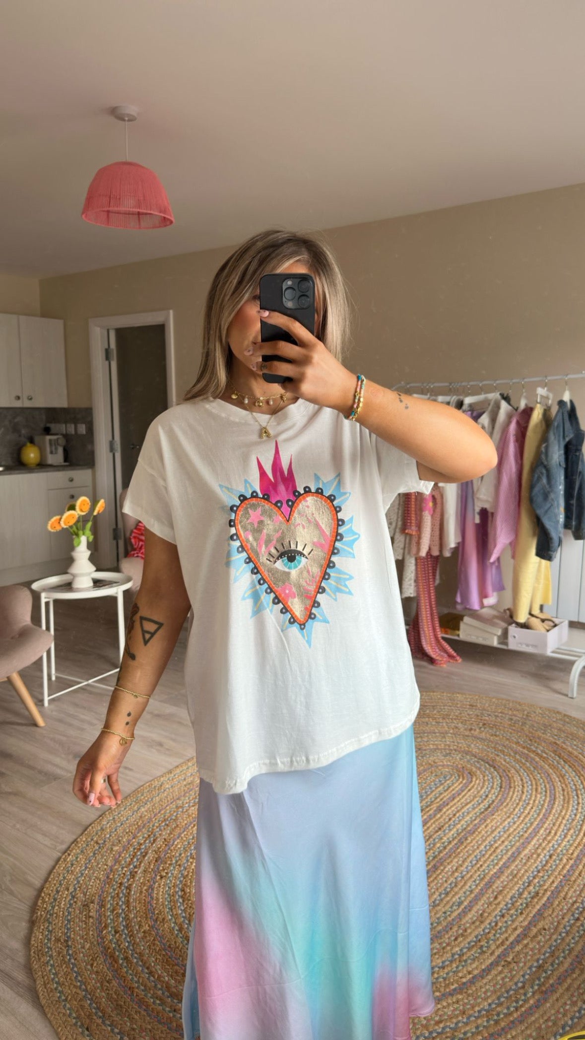 Heart Print Metallic T-shirt