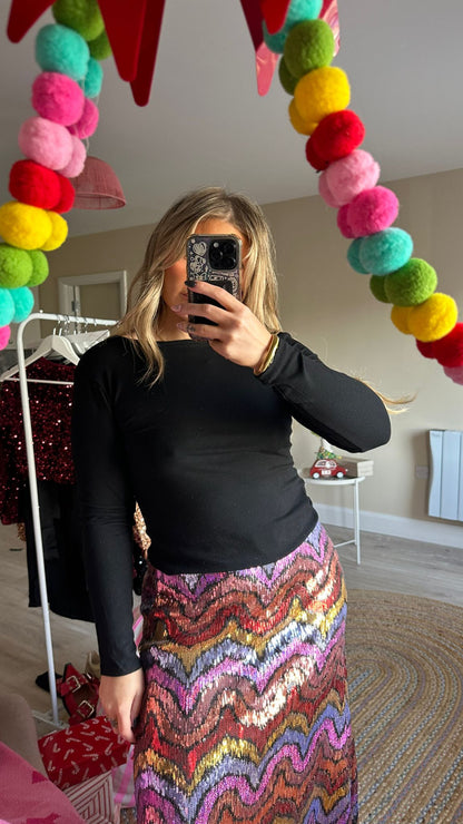 Multi Colour Chevron Sequin Midi Skirt