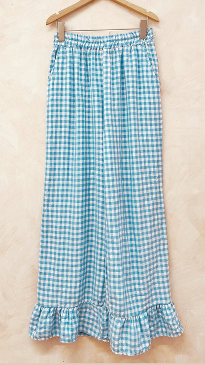 Frill Cuff Gingham Trousers - Blue