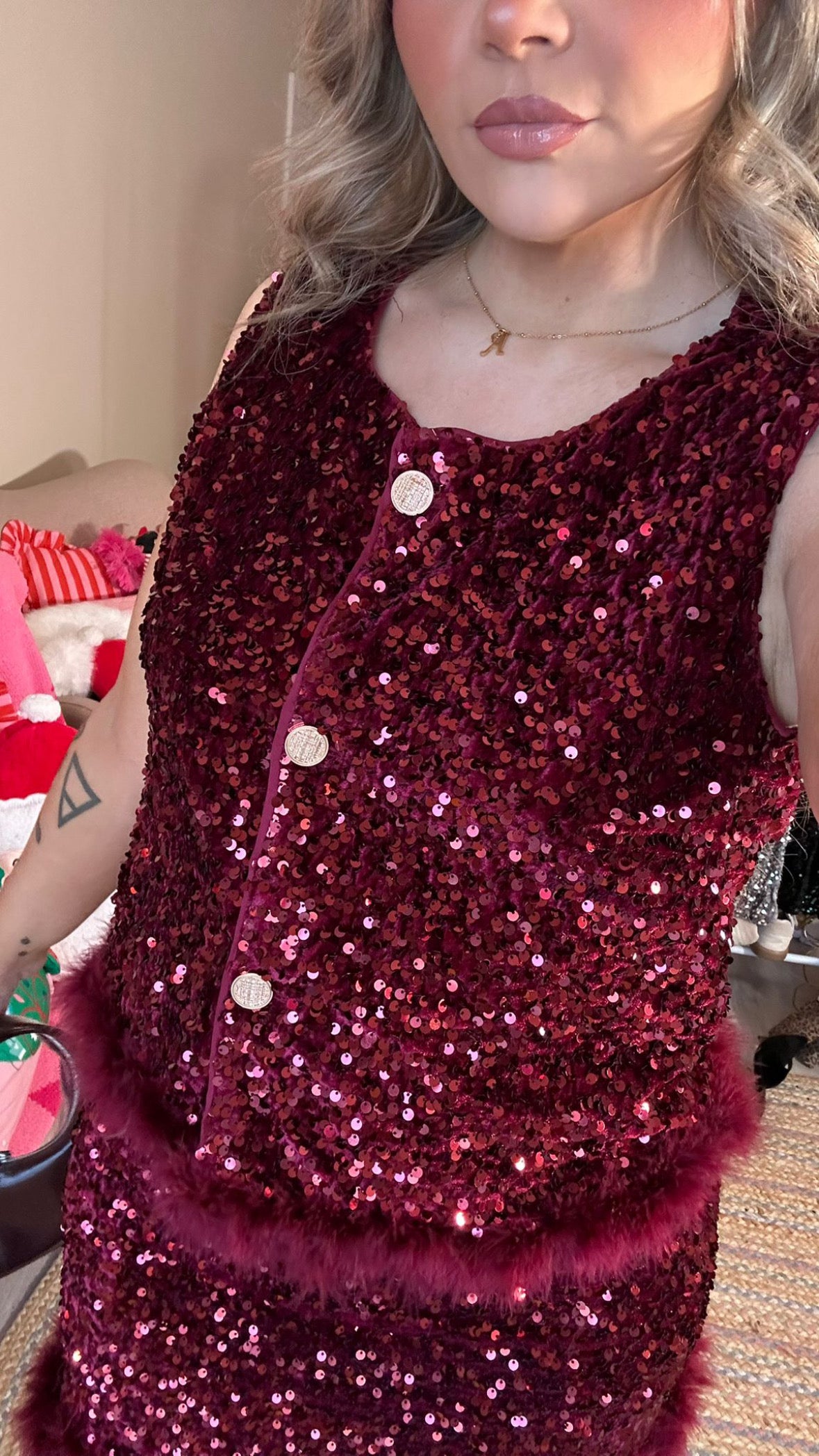 Burgundy Sequin Co-Ord with Feather Trim