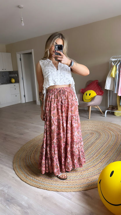 Pink Paisley Print Maxi Skirt