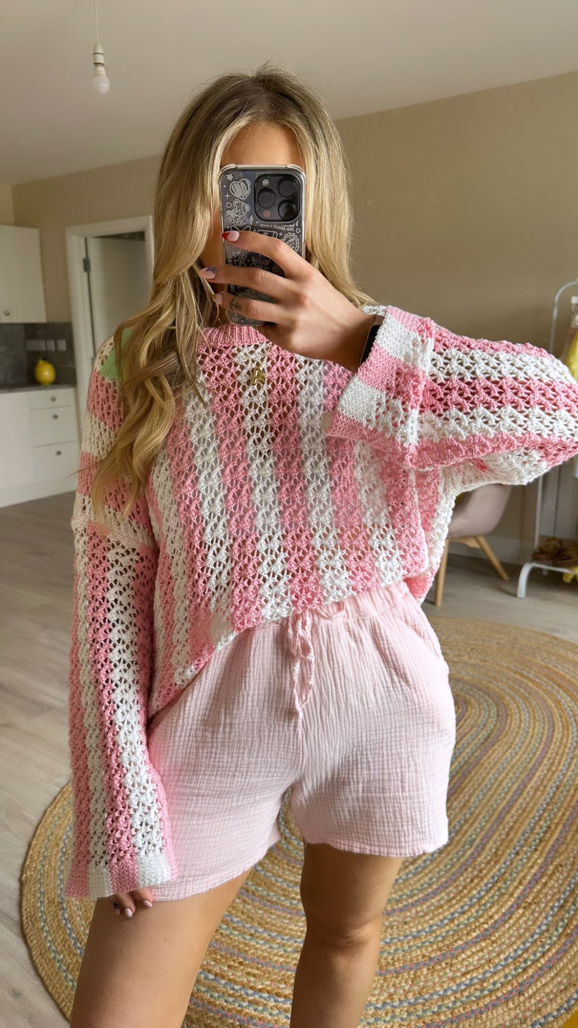 Open Knit Stripe Jumper - Pink