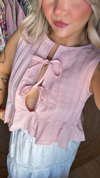 Sleeveless Tie Front Cropped Blouse - Pink