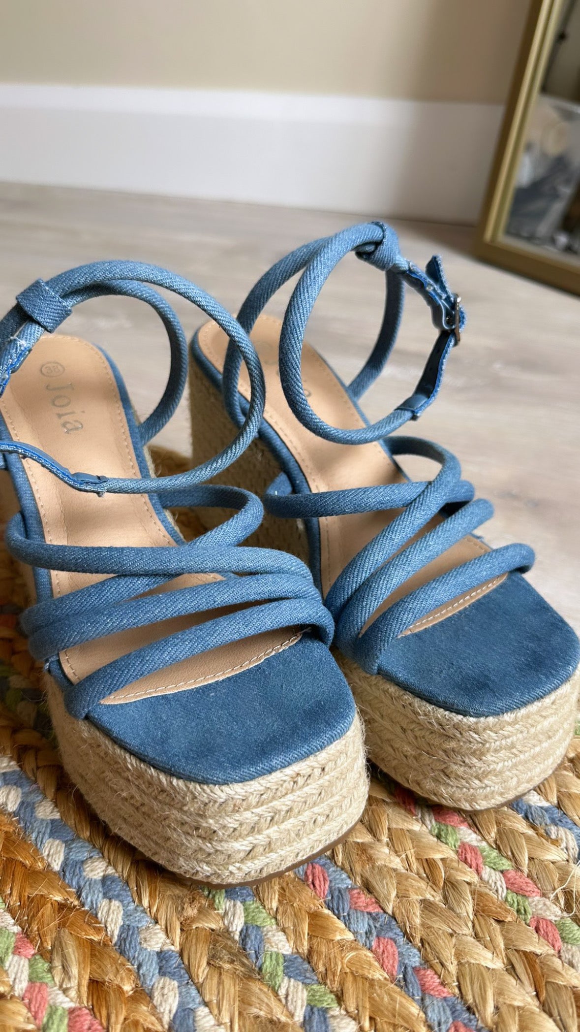 Denim Tie Strap Wedges