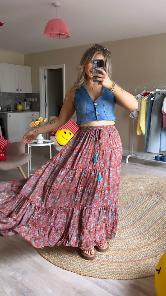 Red and Blue Paisley Print Maxi Skirt